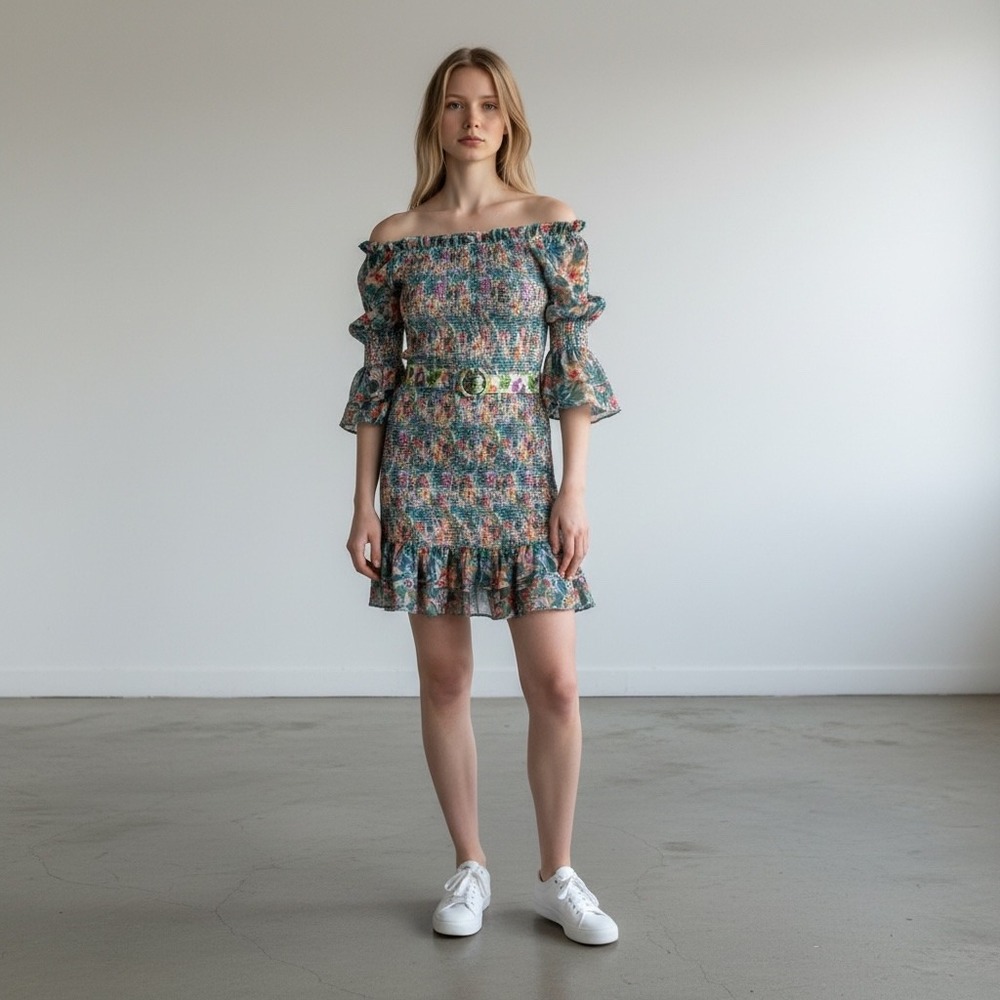 ASTR the Label Blue Pink Multi Floral Smocked‎ Off Shoulder Mini Dress XS